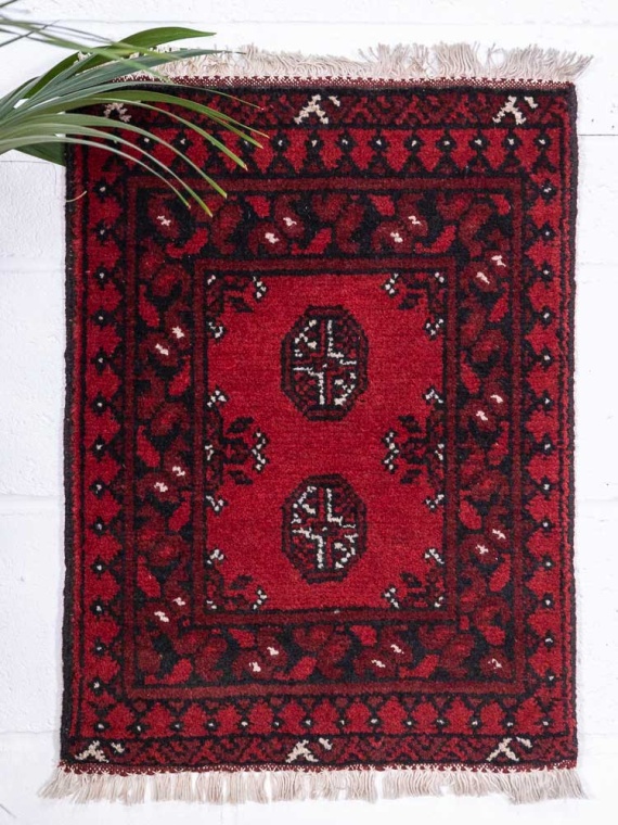 12810 Small Afghan Red Aq Chah Rug 50x66cm (1.7 x 2.2ft)