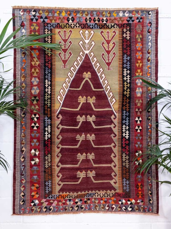 12874 Vintage Konya Obruk Turkish Prayer Kilim Rug 125x175cm (4.1 x 5.8ft)