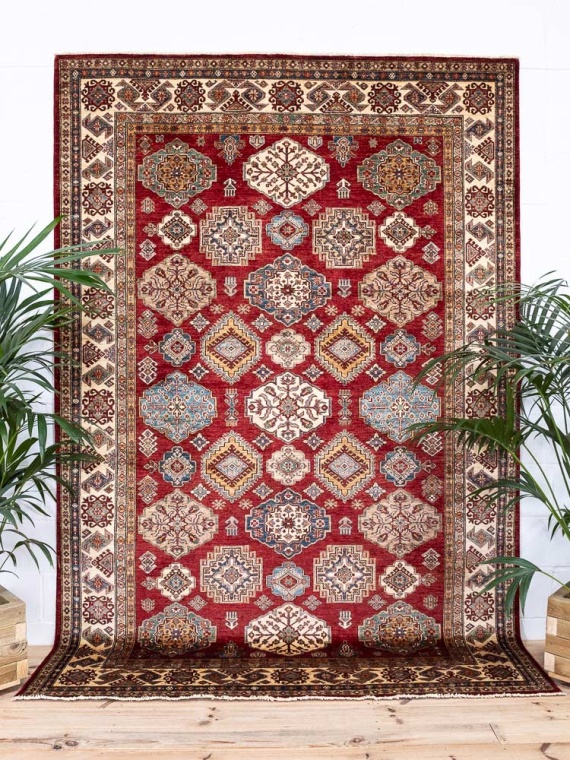 12977 Fine Afghan Hand-knotted Super Kazak Carpet 202x299cm (3.4 x 9.9ft)