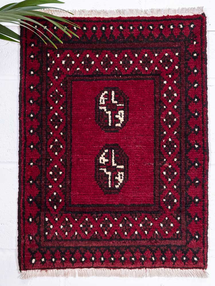 12811 Small Afghan Red Aq Chah Rug 50x67cm (1.7 x 2.2ft)