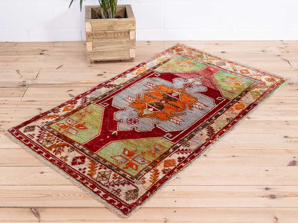 12871 Vintage Turkish Denizli Cal Handknotted Rug 94x157cm (3.1 x 5.1ft)