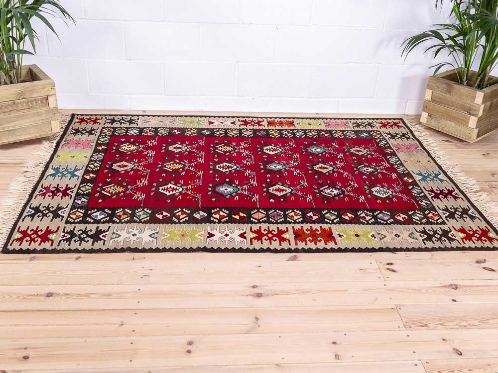 12880 Vintage Turkish Sarkoy Gocmen Kilim Rug 144x206cm (4.8 x 6.9ft)