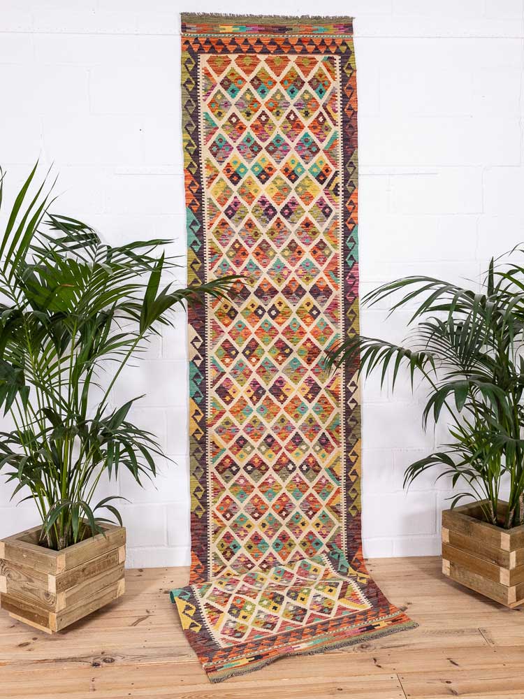 12938 Long Afghan Vegetable Dyed Kilim Runner Rug 84x388cm (2.9 x 12.9ft)